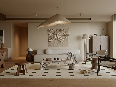 Modern Minimalist Living And Dining Area Interior Design With Sofa Rug And Pendant Light 3d model
