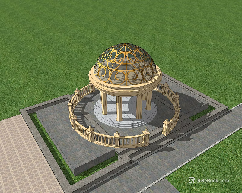 Ornate Dome Building With Golden Decorative Details on Green Lawn and Stone Railings 3d model 