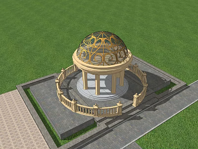 Ornate Dome Building With Golden Decorative Details on Green Lawn and Stone Railings 3d model