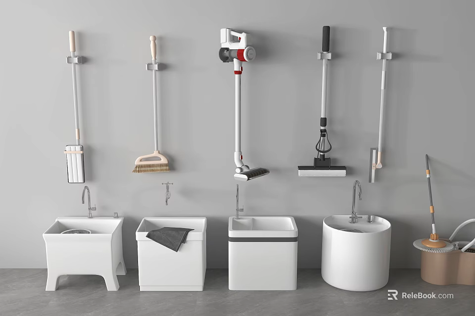 Various Cleaning Tools And Storage Solutions With White Bins And Mop Holders For Home Organization 3d model 