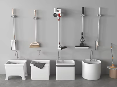 Various Cleaning Tools And Storage Solutions With White Bins And Mop Holders For Home Organization 3d model