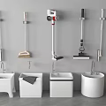Various Cleaning Tools And Storage Solutions With White Bins And Mop Holders For Home Organization