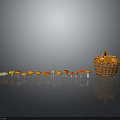 Colorful Mushrooms In A Row And Basket Filled With Mushrooms On Gray Reflective Floor