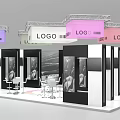 Well Designed Exhibition Booth With Colorful Ceiling Multiple Logos Seating Area And Display Wall