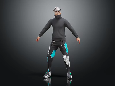 Man Wearing Black Turtleneck And Track Pants With Teal White Patterns Against Dark Background 3d model