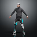 Man Wearing Black Turtleneck And Track Pants With Teal White Patterns Against Dark Background