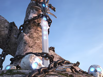 Enchanted Glowing Sword Embedded in Ancient Stone Surrounded by Heavy Chains and Luminous Skulls 3d model