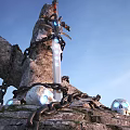 Enchanted Glowing Sword Embedded in Ancient Stone Surrounded by Heavy Chains and Luminous Skulls