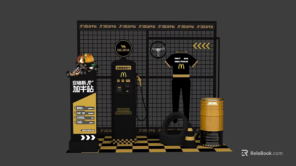 Racing Themed Gas Station Display With Racing Suit Fuel Dispenser Tire And Oil Barrel 3d model 