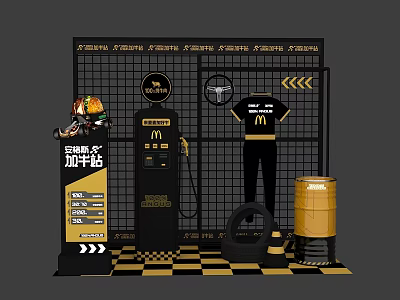 Racing Themed Gas Station Display With Racing Suit Fuel Dispenser Tire And Oil Barrel 3d model