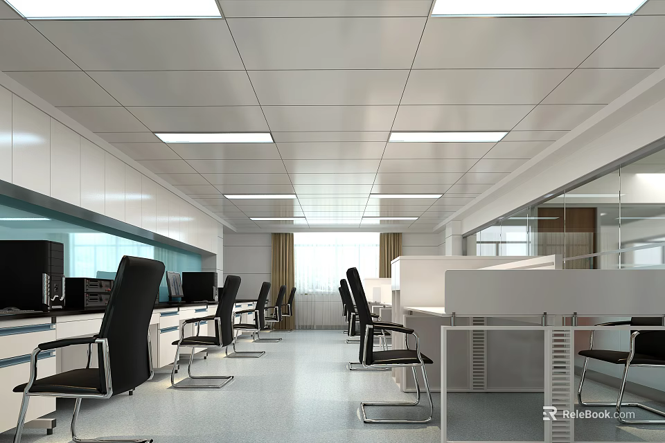 Bright Modern Public Office Space Featuring Linear Ceiling Lights And Workstations 3d model 