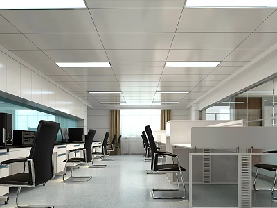 Bright Modern Public Office Space Featuring Linear Ceiling Lights And Workstations 3d model
