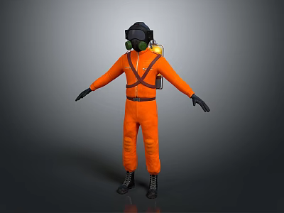 Tactical Weapon Device Carried By Individual In Orange Protective Suit Gas Mask And Black Gloves 3d model