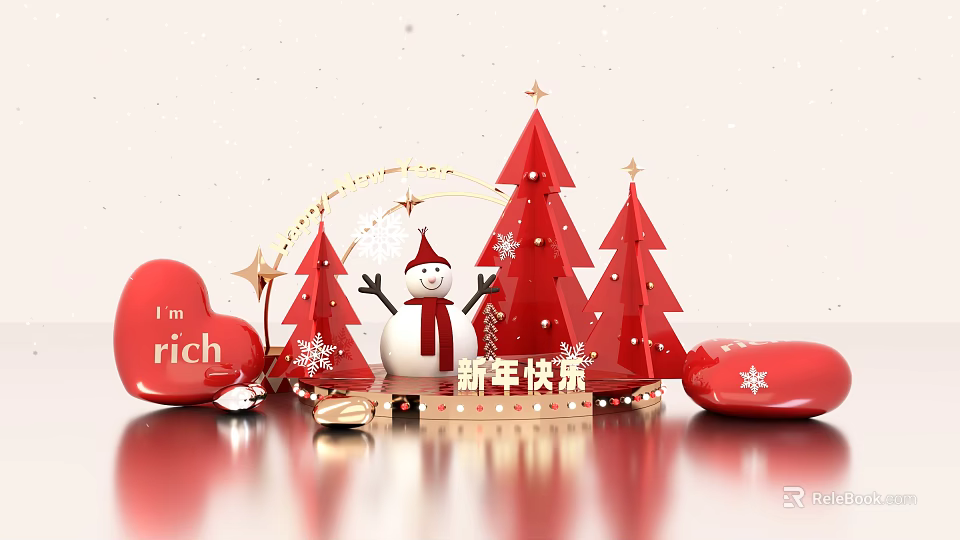 New Year Decorative Scene With Red Christmas Trees Snowman Golden Sign Heart And Stars 3d model 