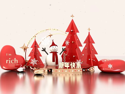 New Year Decorative Scene With Red Christmas Trees Snowman Golden Sign Heart And Stars 3d model