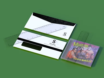 Business Cards With Ruler And Moving Master Disc On Green Background 3d model