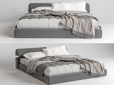 Upholstered Gray Double Bed With White Pillows Gray Quilt Fringed Blanket And Small Side Table 3d model