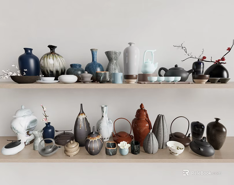Handmade Ceramic Wares With Diverse Shapes And Colors On Wooden Shelves 3d model 