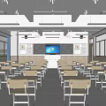 School Classroom Interior With Modern Desks Chairs Smart Board And Bright Lighting