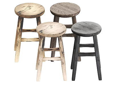 Rustic Wooden Bar Stools With Various Colors Round Seats And Crossed Legs 3d model