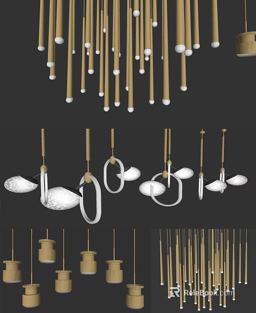 Stylish Modern Chandeliers With Brass Rods White Globe Shades And Diverse Hanging Structures 3d model 