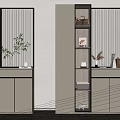 Modern Beige Shoe Cabinet With Glass Doors Open Shelves Green Plant And Decorative Items