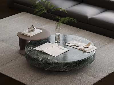 Round Green Marble Coffee Table With Books Vase Green Plant And Glasses On Gray Rug 3d model