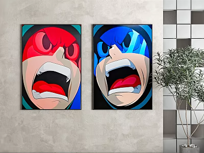 Cartoon Wall Art With Red Blue Backgrounds Exaggerated Faces Open Mouths On Gray Wall 3d model