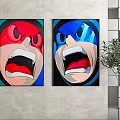 Cartoon Wall Art With Red Blue Backgrounds Exaggerated Faces Open Mouths On Gray Wall
