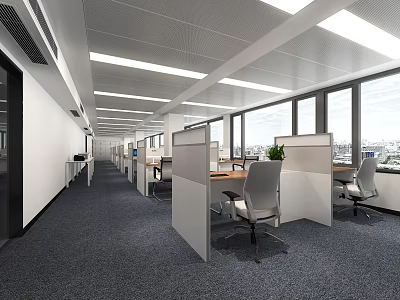 Bright Modern Public Office Space With Cubicles Workstations And Large Windows 3d model