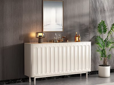 White Vertical Striped Sideboard With Table Lamp Wine Bottles Green Plant Against Dark Wooden Wall 3d model