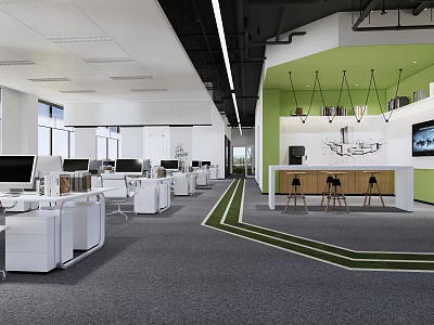Public Office Space With White Desks Computers Green Accent Wall Hanging Lights And Geometric Carpet 3d model