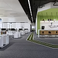 Public Office Space With White Desks Computers Green Accent Wall Hanging Lights And Geometric Carpet