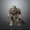 Tactical Combat Character With Helmet Armor In Kneeling Pose On Minimal Gray Background