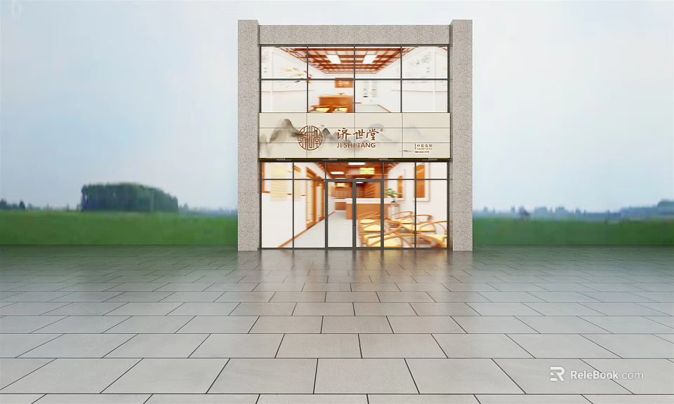 Modern Storefront Exterior Design With Glass Doors Wooden Grilles And Bright Signage 3d model 