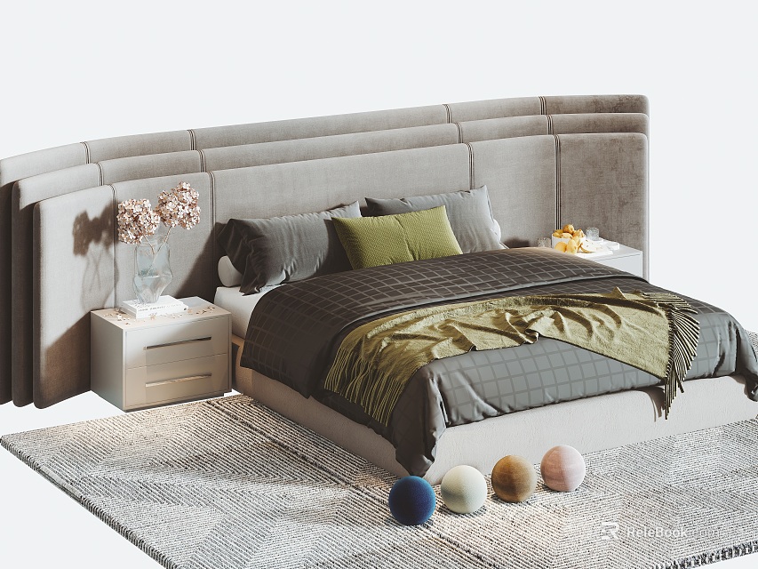 Modern Double Bed With Upholstered Headboard Gray Green Pillows And Colorful Balls On Rug 3d model 