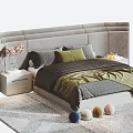 Modern Double Bed With Upholstered Headboard Gray Green Pillows And Colorful Balls On Rug
