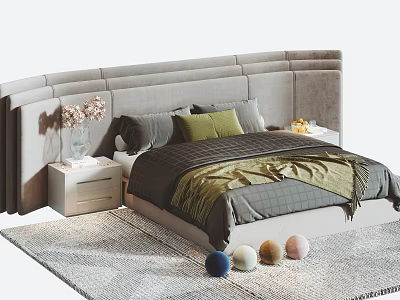 Modern Double Bed With Upholstered Headboard Gray Green Pillows And Colorful Balls On Rug 3d model