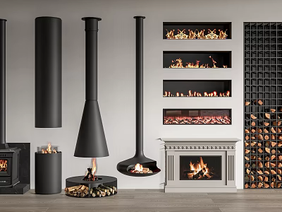 Modern Fireplace Designs Featuring Freestanding and Built-in Styles with Burning Flames and Stacked Firewood 3d model