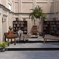 Classic Study Room Interior With Wooden Bookshelves Vintage Books Globe Decor And Potted Plants