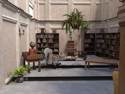 Classic Study Room Interior With Wooden Bookshelves Vintage Books Globe Decor And Potted Plants 3d model