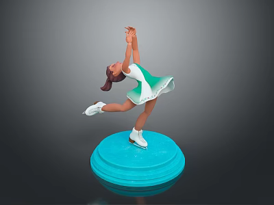 Girl Figure Skater In Green White Dress On Blue Pedestal Performing Ice Skating Pose 3d model