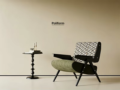 Pellform Lounge Chair with Patterned Backrest and Green Cushion and Side Table in Minimalist Interior 3d model
