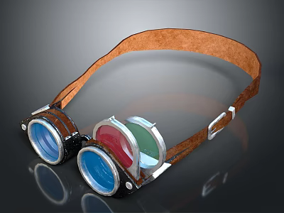 Vintage Goggles with Leather Strap Blue Red Green Lenses and Metal Frame 3d model