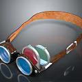 Vintage Goggles with Leather Strap Blue Red Green Lenses and Metal Frame