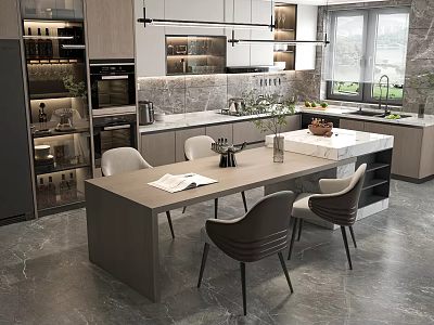 Modern Kitchen Dining Table Set With Wooden Top And Comfortable Chairs 3d model