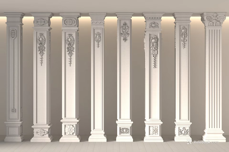 White Carved Columns Neatly Arranged Against Light Colored Walls With Lighting 3d model 