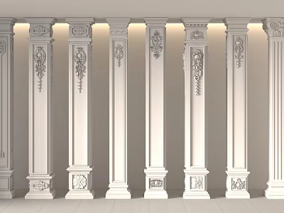 White Carved Columns Neatly Arranged Against Light Colored Walls With Lighting 3d model