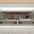Modern Buffet Restaurant Interior Design With Long Buffet Table And Wooden Ceiling Lighting