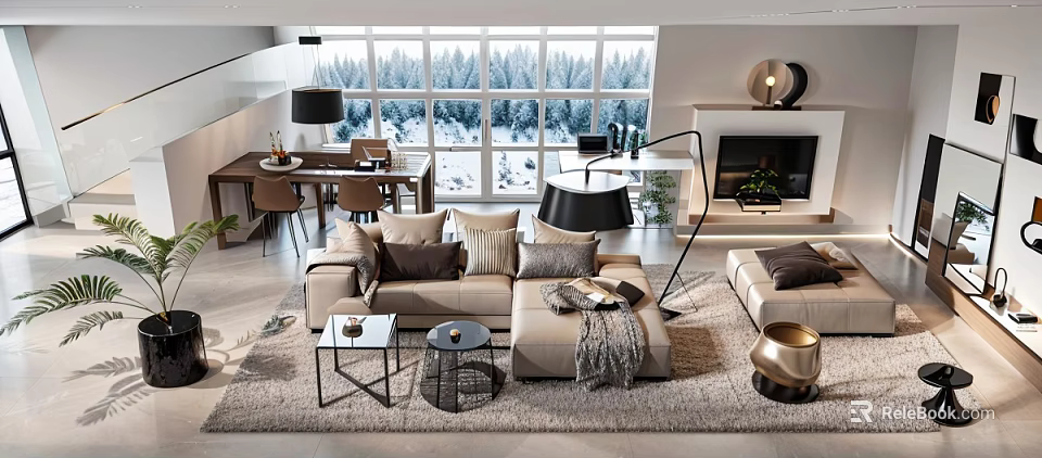 Modern Living Room Interior With Large Windows Forest View Sofa Coffee Tables And Rug 3d model 